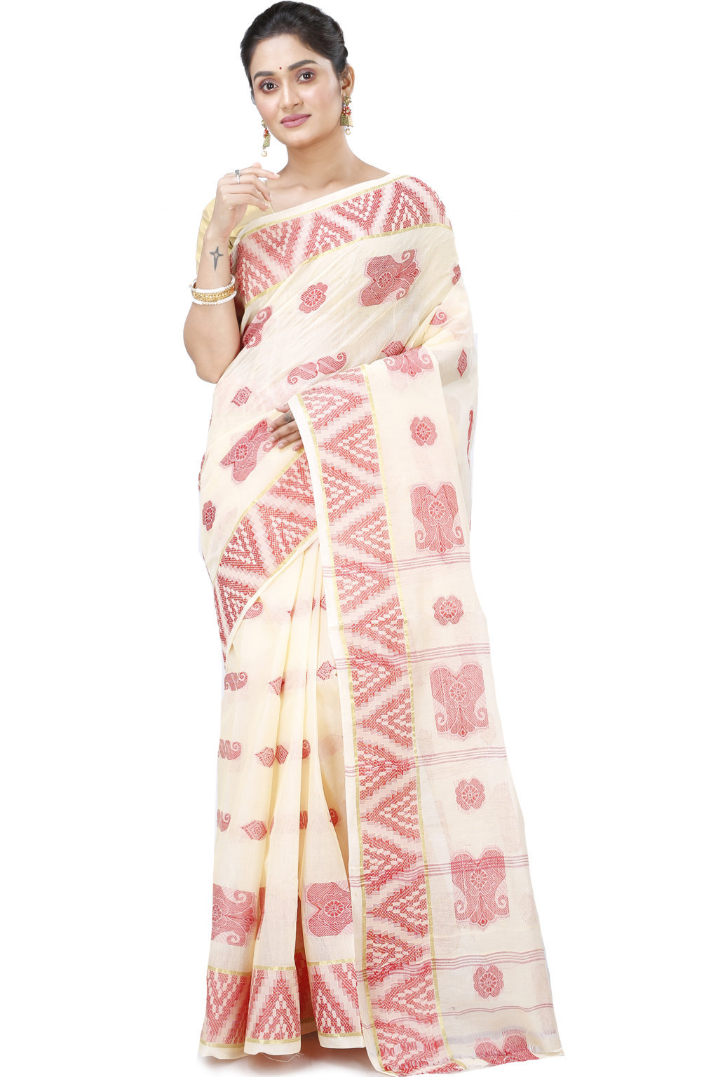 White Red Pure Cotton Gargi Tant Saree (914)